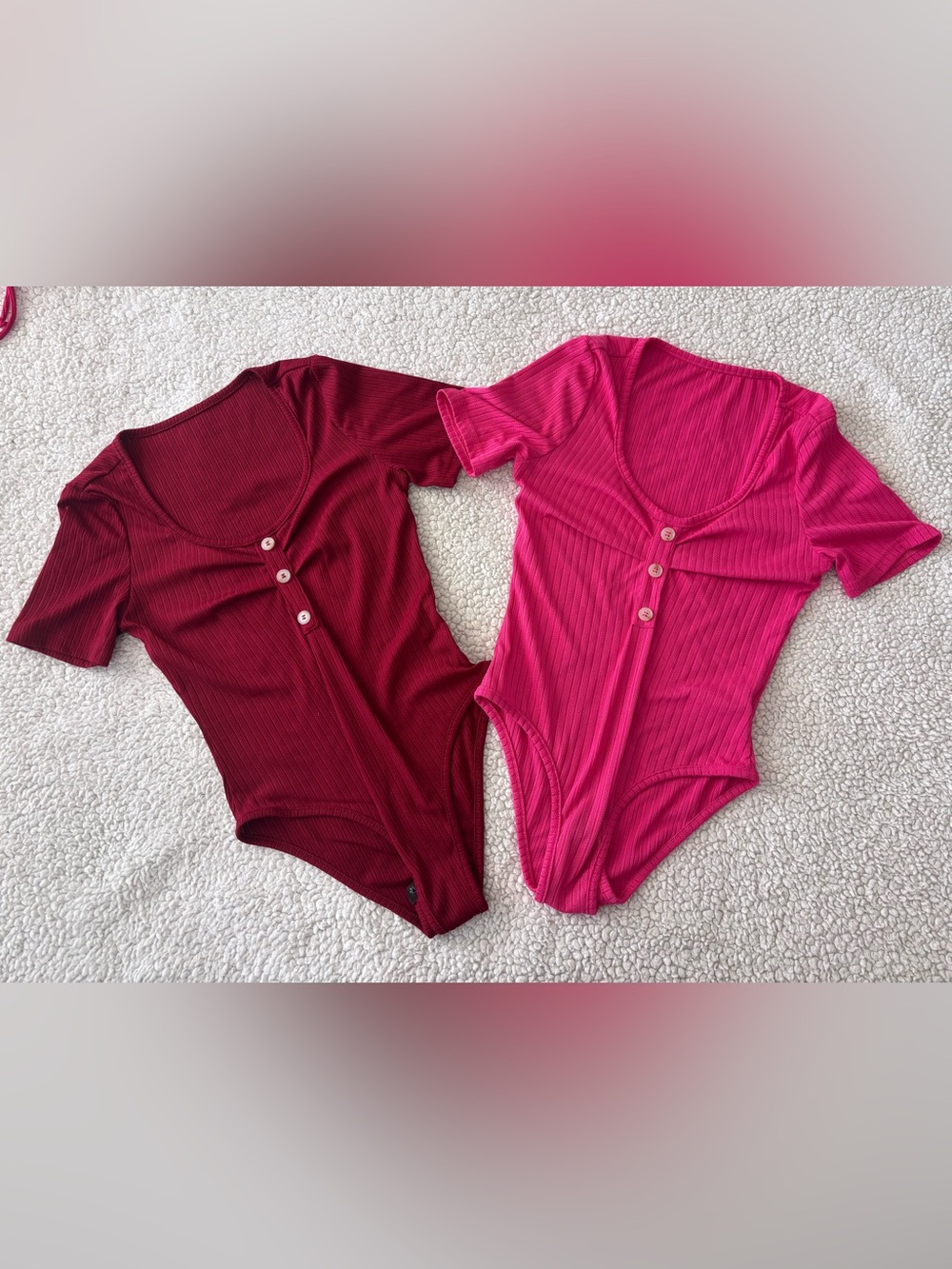 Ribbed Henley Short-Sleeve Bodysuit - Fuchsia and Wine